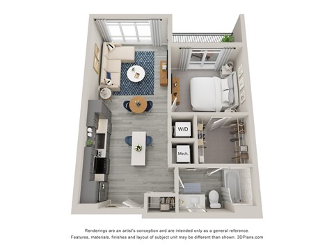 Floor plan for 1 bed, 1 bath, 669 sqft